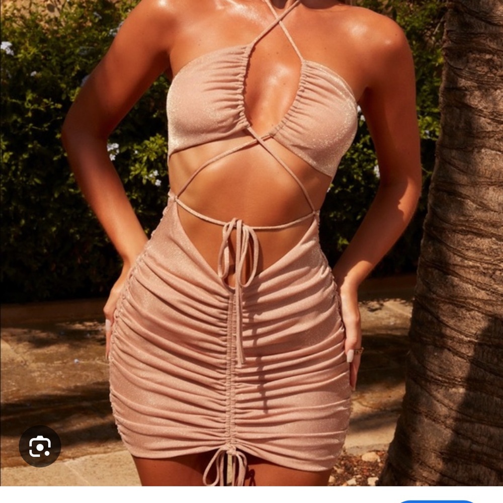Oh Polly Beige Ruched Mini Dress